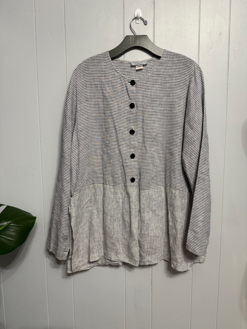 #17)  New Palette Black and White Striped Linen Shirt Size O/S
